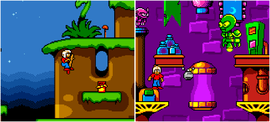 Left: pogoing my way through the forest. Right: this robot is supposed to be a boss. Left: pogoing my way through the forest. Right: this robot is supposed to be a boss.