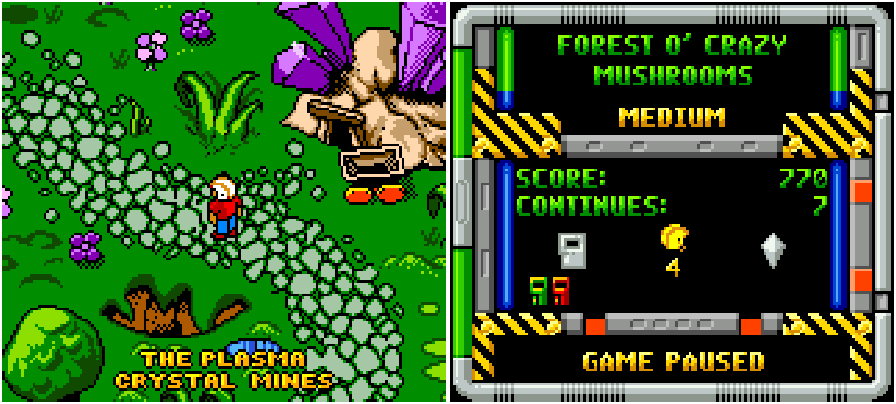 Left: the entrance to the plasma crystal mines. Right: I collected two keycards so far in the Forest 'o Crazy Mushrooms. Left: the entrance to the plasma crystal mines. Right: I collected two keycards so far in the Forest 'o Crazy Mushrooms.
